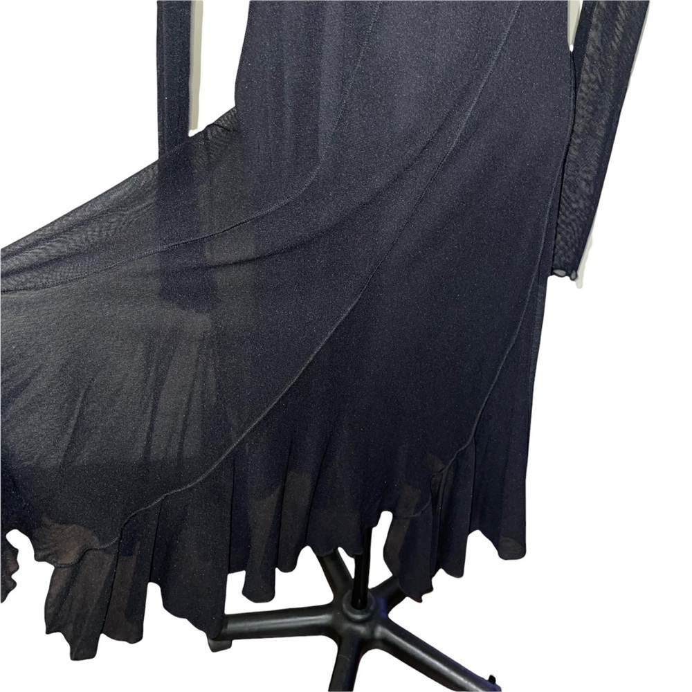 Fuzzi Black Mesh Long Sleeve Seamed Asymmetric Cocktail Shift Dress Size L - Picture 6 of 7